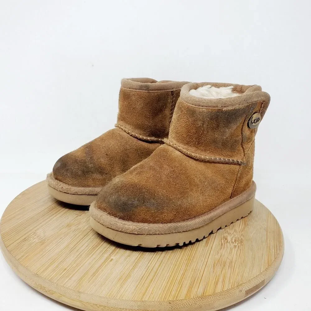 UGG Boots Kids 7 Jona Brown Suede Shearling Winter Shoe Little Girl Toddler WORN